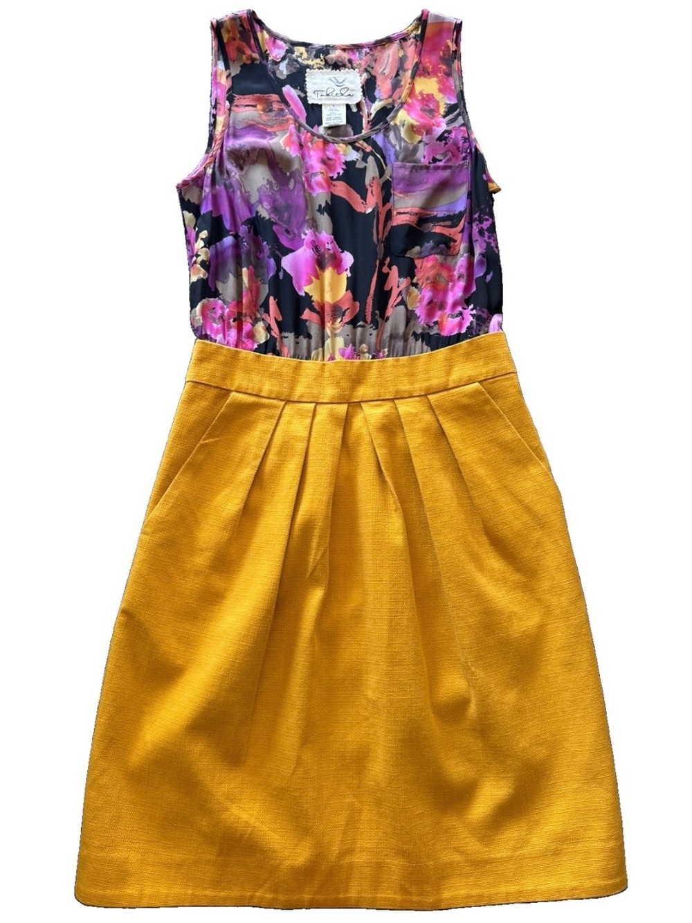 Tabitha Anthropologie Lila Frock Dress 2 Silk Floral Mustard Pleated Pockets